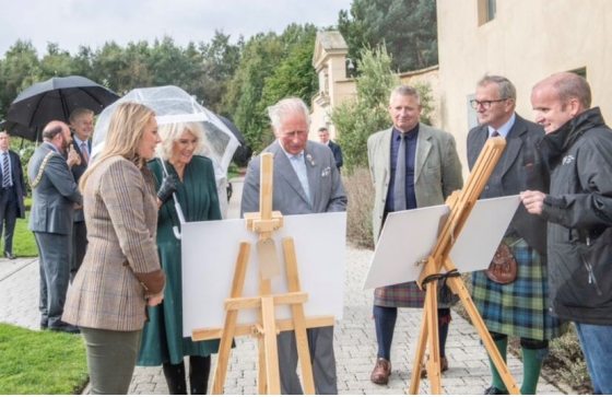 People outdoors looking at drawings on easels.