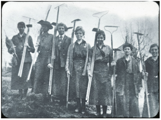 A black and white image of 7 women standing in a line holding farming hoes.