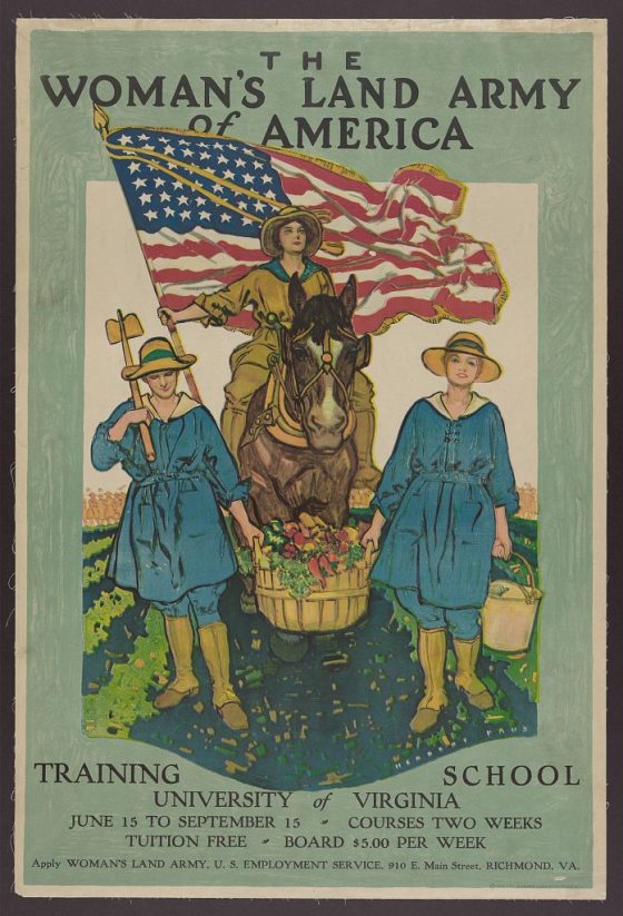 A vintage poster with three women being featured with the title "The Woman's Land Army of America."