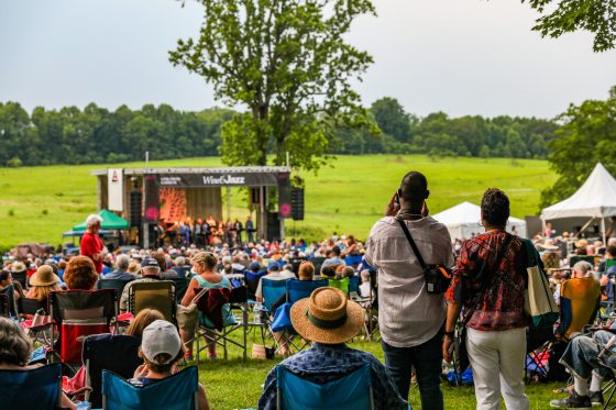 People both sitting and standing facing an outdoor stage at Longwood Gardens.