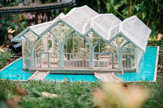 A close view of the model of the new glass conservatory at Longwood Gardens.