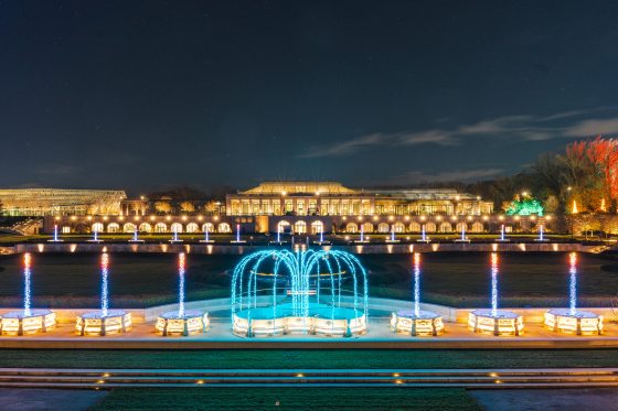 The Main Fountain Garden at Longwood Gardens, with lights simulating fountain displays, at Christmas time.