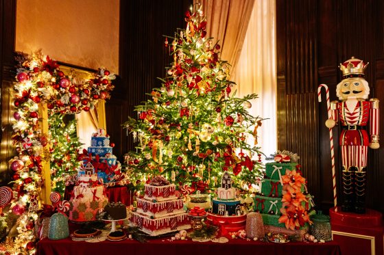 Decorated cakes lined up on a table, in front of a decked out Christmas tree.