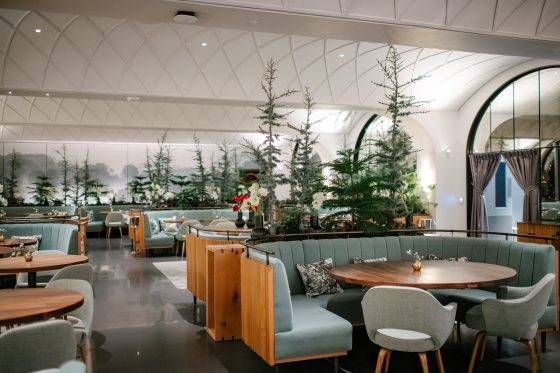 The interior of the 1906 dining room, featuring sage green chairs, wood tables, and vaulted ceilings.