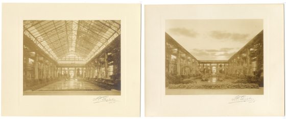 Two sepia toned images of the Conservatory at Longwood Gardens.