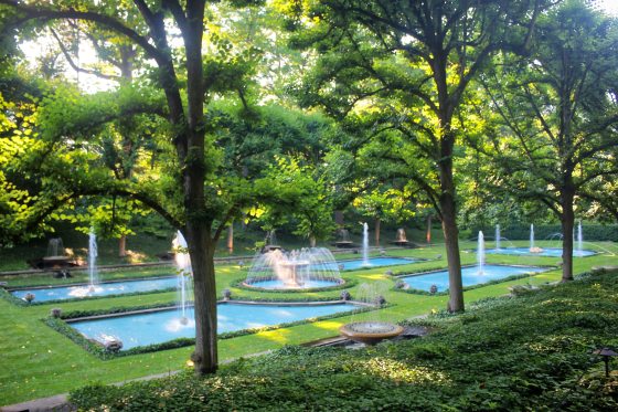 A garden featuring 6 pools with fountains in them, flanked by linden trees on each side.