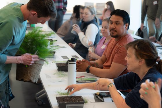 People sitting in a classroom setting watching someone arrange flowers.