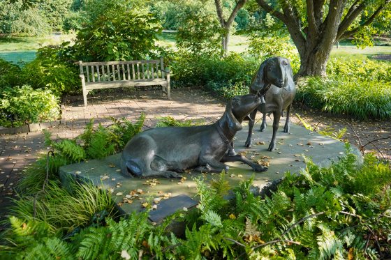 Two life-size bronze sculptures of goats, on a large stone platform, in the center of gren foliage.