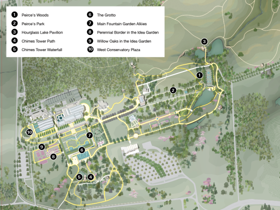 A map featuring highlights of shady areas at Longwood Gardens.