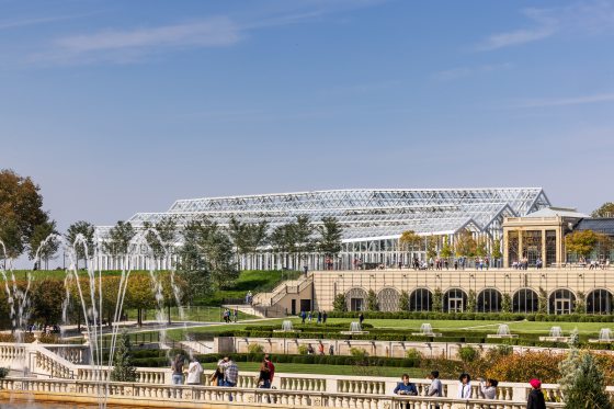 An exterior view of the Lonwgood conservatories, viewed from the Main Fountain Garden.