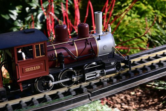 A close-up side view of a detailed model steam locomotive, painted dark red/maroon with gold trim and a silver smokebox, riding on an outdoor model train track. The engine has a cab with the number 2219 and is set against a blurred background of green and bright red foliage, suggesting a garden railway setting.