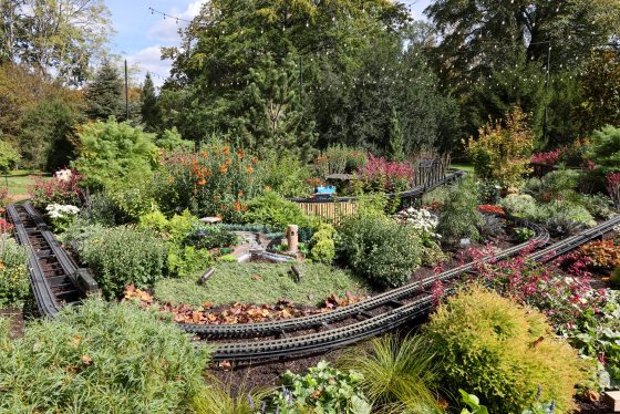 An expansive, high-angle view of an elaborate garden-scale model railway layout (G scale) set within a lush, colorful garden. The tracks wind through dense foliage, small shrubs, and flower beds with red and pink blossoms. A miniature bridge or trestle is visible near the center, and a small blue model train car is nestled among the plants in the distance. The garden is surrounded by tall green trees under a bright sky.