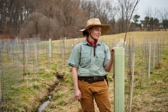 A person is shown inspecting young tree growth in a meadow, with the saplings protected by tall plastic tubes to prevent deer damage.