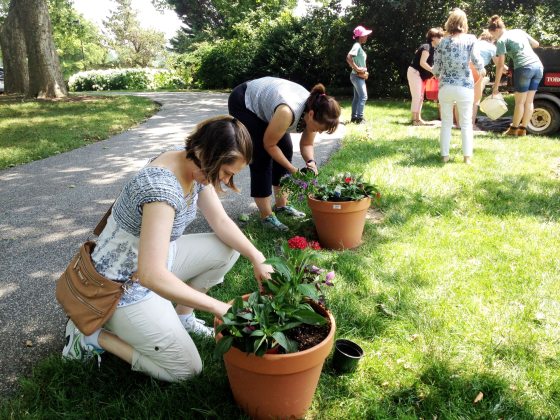 Two women are kneeling on the grass, planting flowers into large terra cotta pots, with other people working in the background near a garden path.