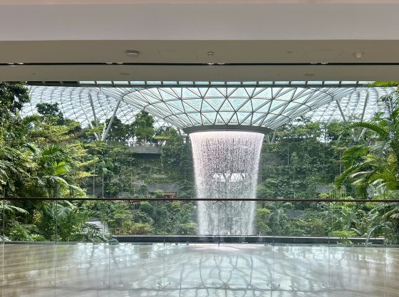 A striking view of the Rain Vortex at Changi Airport, a massive indoor waterfall cascading from a circular opening in a geometric glass-and-steel roof. The waterfall is surrounded by the Shiseido Forest Valley, a multi-story indoor garden with dense tropical vegetation.