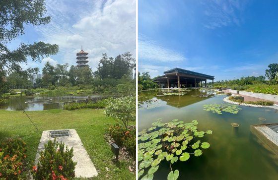 Two images side-by-side: A scenic view of a calm pond surrounded by green grass and trees, with a traditional multi-tiered Chinese pagoda rising in the background under a lightly clouded sky. The second: A wide shot of a tranquil water lily pond reflecting a clear blue sky.