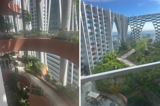 Two images side by side: A view from an elevated walkway within a modern building, showing multiple levels of curved, sky-bridge gardens integrated into the architecture. The balconies are filled with diverse green plants and trees, set against the backdrop of a tall, glass skyscraper. The second A high-altitude perspective from a rooftop garden looking through a distinctive, silver-slatted architectural frame. The foreground is filled with dense greenery and a paved seating area with tables and chairs.