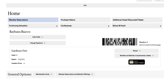 Screenshot of a website in the Longwood Gardens Member Portal.