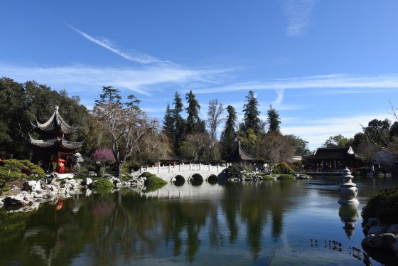 A wide panoramic view of a traditional Chinese garden featuring a large, calm lake that mirrors the bright blue sky and thin clouds. The landscape includes dark-roofed pavilions, a white stone arch bridge spanning the water, decorative rocks, and surrounding green trees.