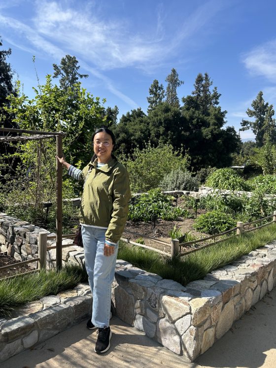 A woman standing next to a raised stone-walled garden bed on a sunny day. She is wearing a green jacket, light-wash jeans, and glasses, with one hand resting on a wooden garden structure. The garden beds behind her contain varied green plantings under a clear blue sky.