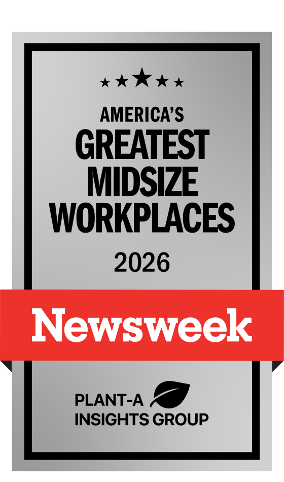 Vertical rectangular logo for America's Greatest Midsize Workplaces 2026, awarded by Newsweek