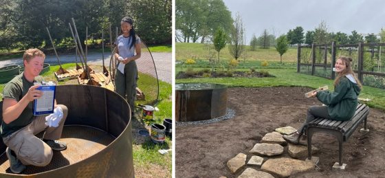 Two images, side by side, of the construction of a large round metal water feature for a garden. 