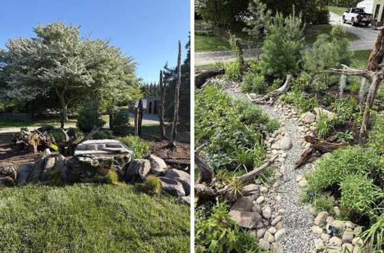 Two images of a garden being constucted.