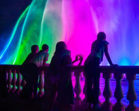 Silhouette of a group of people, including children, watching an illuminated fountain show from a balustrade, with the water lit in brilliant shades of magenta, blue, and green.