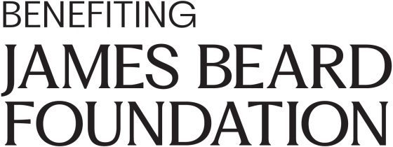 Logo in black all caps lettering reading "Benefiting James Beard Foundation."