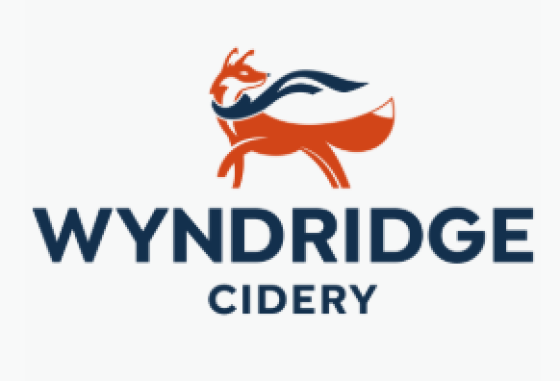 Logo for Wyndridge Cidery, depicting a red fox wearing a windblown blue scarf.
