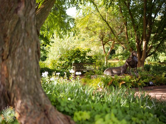 A serene garden with lush greenery and vibrant flowers surrounds a bronze statue of two goats. A wooden bench is visible in the background under a canopy of trees. Sunlight filters through the leaves, creating a peaceful and inviting atmosphere.