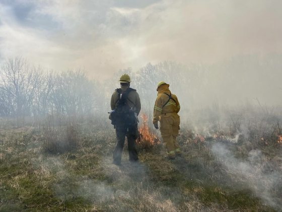 Two firefighters wearing yellow protective gear and hard hats stand in a grassy field, monitoring a low-burning brush fire amid rising smoke.