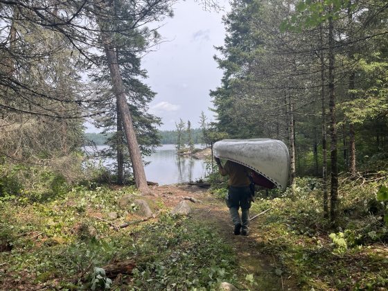 A person wearing a yellow jacket carries a silver canoe upside-down on their shoulders along a wooded path leading toward a tranquil lake.