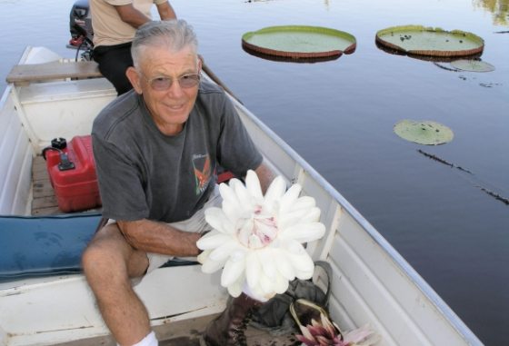 a man in a boat holding a large, white waterlily
