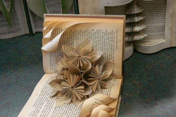 close up of opened book with folded pages that form three flowers