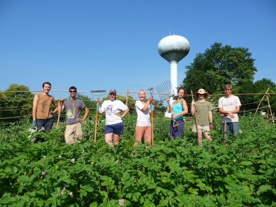 seven people standing in front of a vegetable garden outside