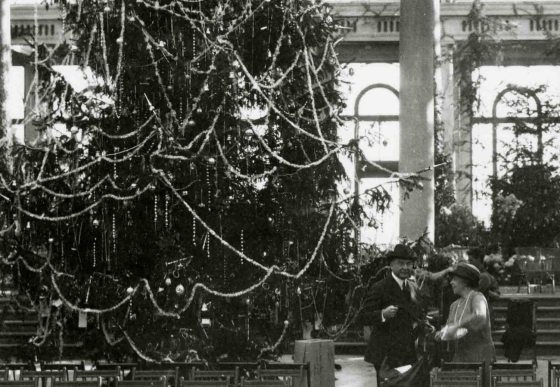 black and white image of a Christmas tree and two people