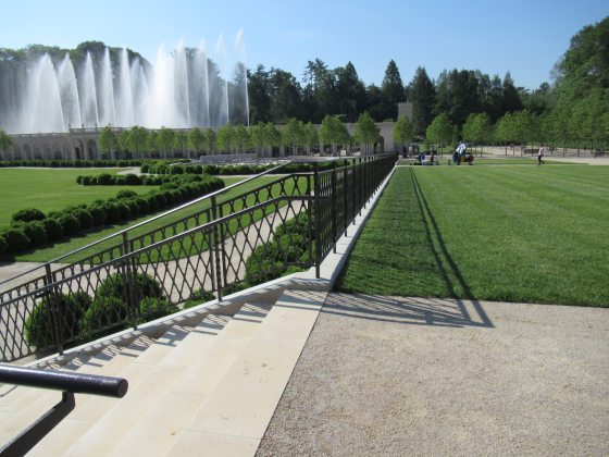 image of the main fountain in the background and walking paths in the foreground