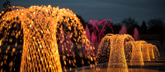 Fountains displaying basketweaves, spinning nozzles, and LED lights