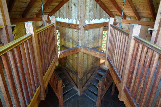 the inside of a wooden treehouse