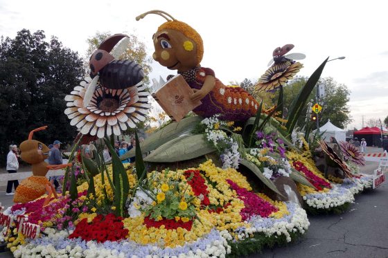 a floral float with sculptures of flowers, insects, ants, and caterpillars
