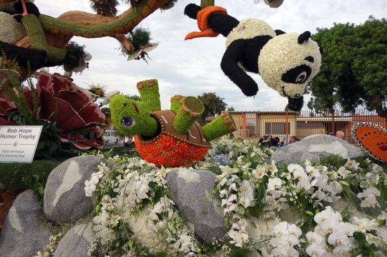 floral sculptures of a turtle and a panda suspended in the air 