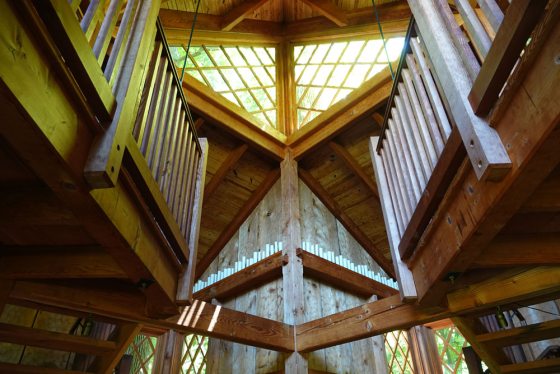 the inside of a wooden treehouse