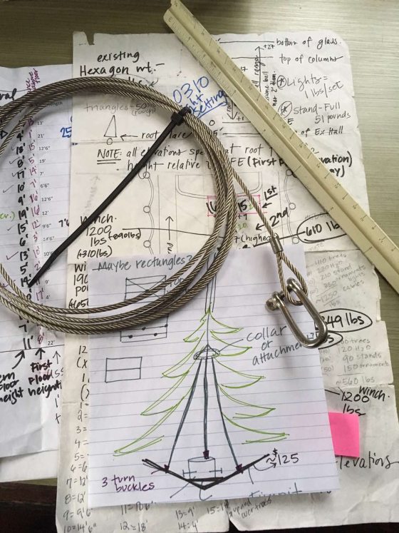 sketches, notes, and tools for the Christmas display