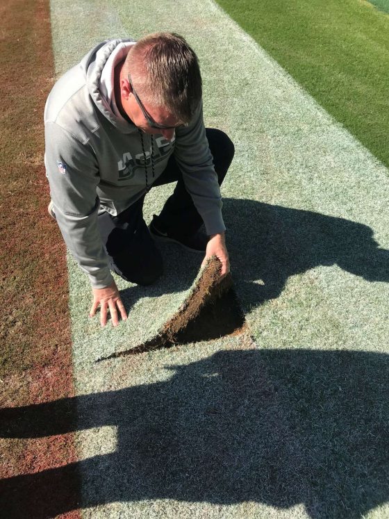 person picking up a piece of sod on a football field