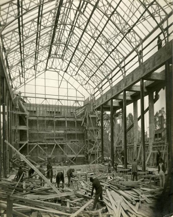 black and white photo of the Orangery under construction