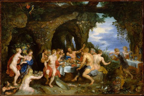 The Feast of Acheloüs, Rubens & Breughel the Elder showing many individuals around a banquet table in a grotto