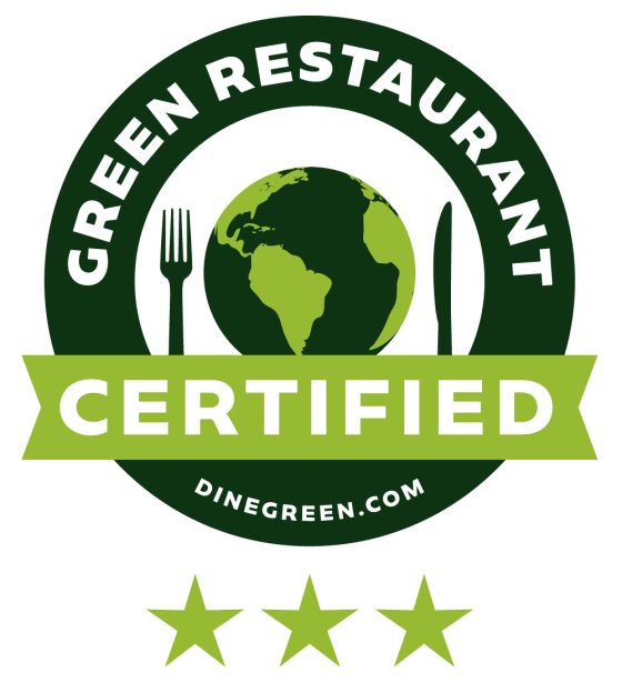 green circle logo that reads "Green Restaurant Certified" by dinegreen.com, with 3 green stars beneath