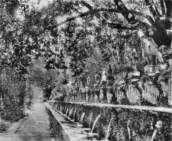 black and white photo of a terrace of fountains in a garden in Italy taken in the early 1900s