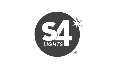 Logo with solid pink circular colorblock containing the text "S4 Lights," with a starburst at upper right.
